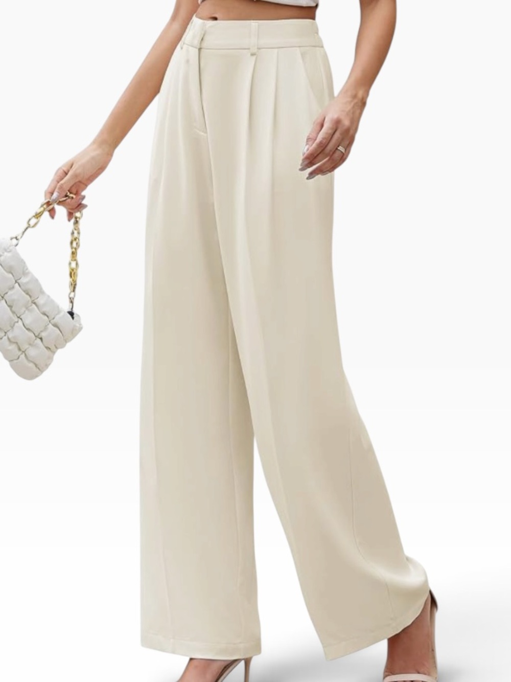Funyyzo Wide Leg High-Waist Pleated Cream Pants M